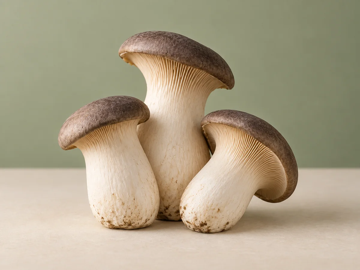 KI-generierte Sortenillustration von drei Black Pearl King Oyster mit kräftigen hellen Stielen und braunen Hüten
